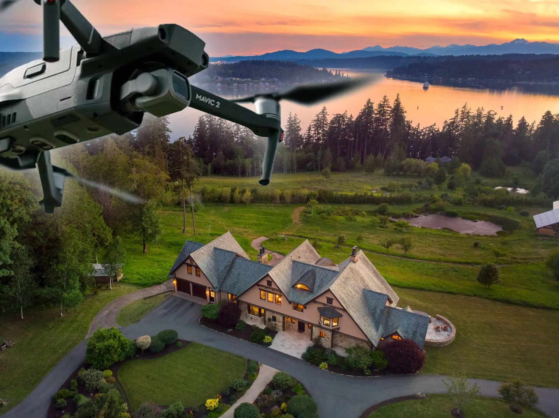 Aerial view of a luxury home at sunset